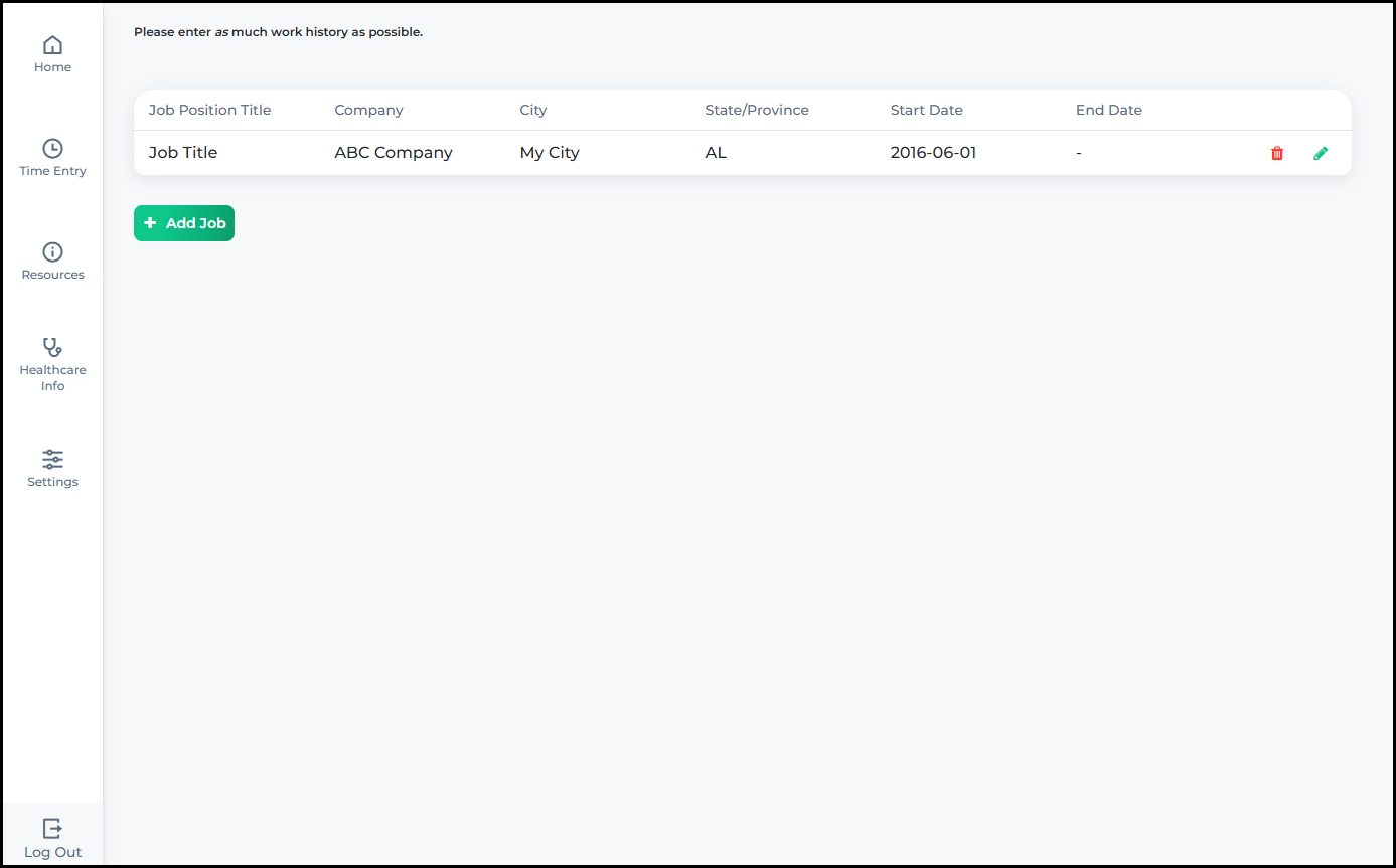 The updated Work Experience section showing work records in a card-based layout with icon-based pencil edit and trash delete actions per record.
